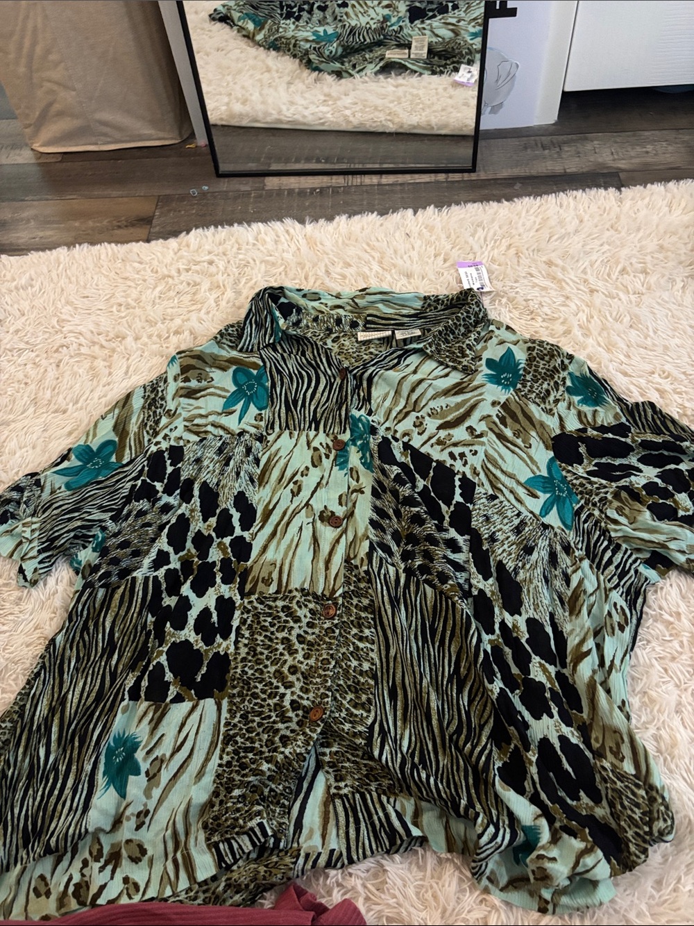 White Stag Teal and Black Patchwork Animal Print Button-Down Shirt